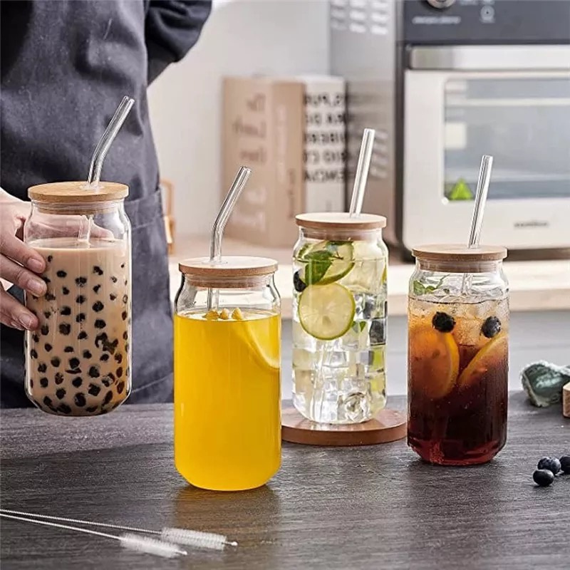 glass cup with bamboo lid / gelas kaca kaleng cola borosilicate 400ml / bubble tea cup juice glass beer can milk