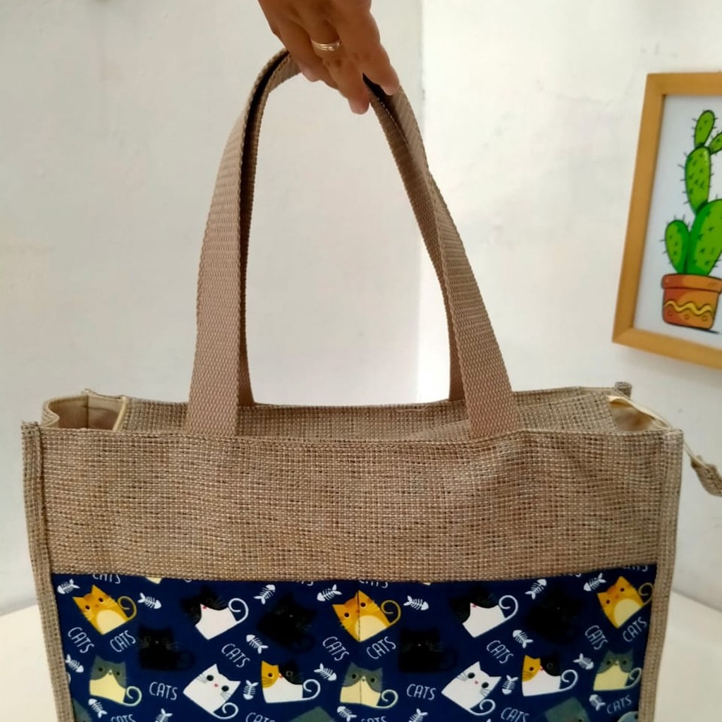 TAS KANVAS TAS GONI SINTETIS KOMBINASI KANVAS KUCING BIRU. RIENS COLLECTIONS