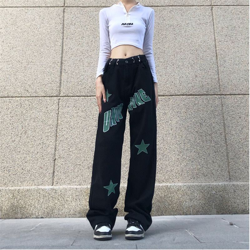 Red Celana jeans wanita gaya Amerika baru trendi all-match pinggang tinggi pelangsing longgar menutupi daging celana kasual kaki lebar lurus