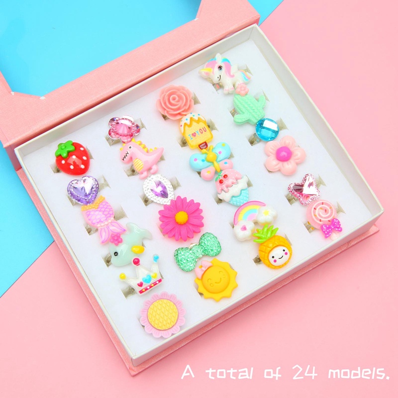 24pcs/set Cincin Kartun Anak Bunga Hewan Adjustable Alloy Kids Ring