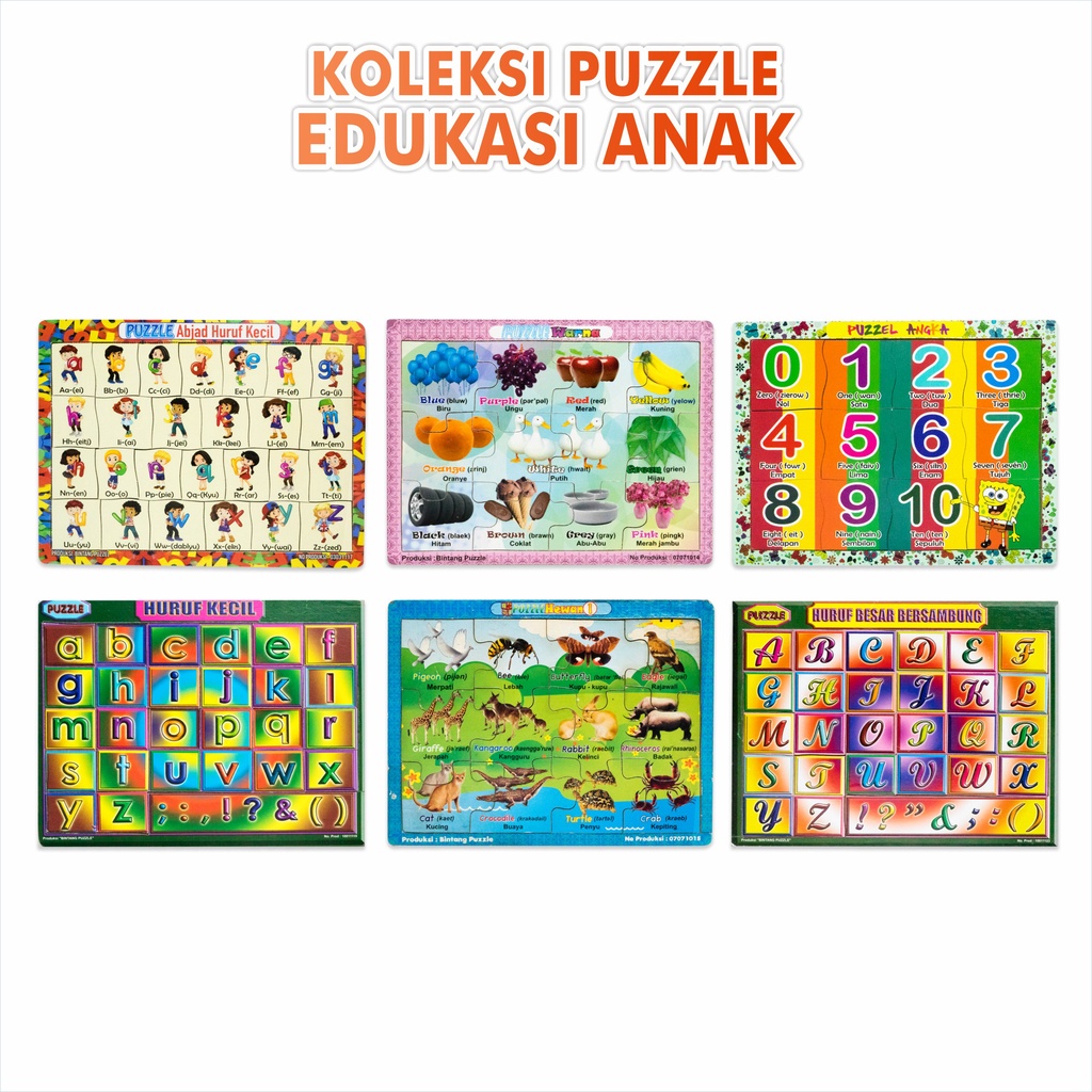 Puzzle Edukasi Anak Puzzle Anak Seri Bentuk / Hewan 1 / Huruf Kecil / Warna / Buah buahan / Huruf Be