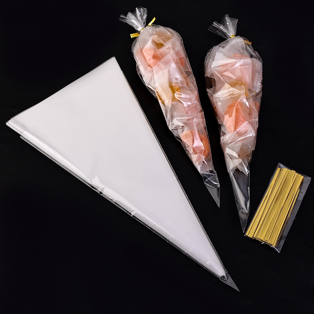 50 Pcs Pack Plastik Segitiga Cookies Bag Cone Bening Cellophane Packing Bag Pernikahan Ulang Tahun Natal Nikmat Packing Transparan Permen Kantong Dengan Dasi