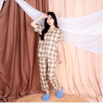 ZASKIYA - Setelan Lengan Pendek Piyama Baju Tidur Wanita Guilen Kotak Pajamas Cewek Dewasa Kekinian