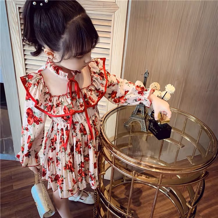 Dress Anak Perempuan Import Plisket Motif Bunga Merah