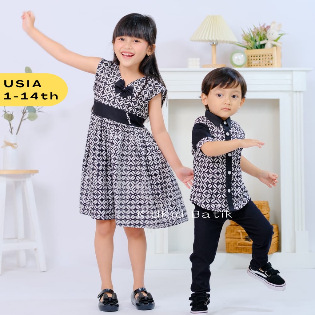 Kemeja Dress Baju Batik Anak Couple Kakak Adik Laki Cowok Perempuan Cewek Kombinasi Kawung Sarimbit