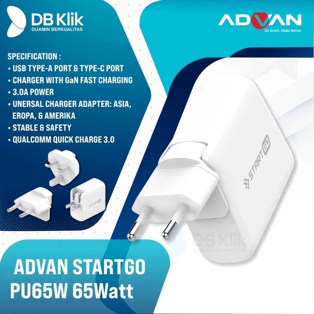 Kepala Charger ADVAN STARTGO PU65W 65Watt 3A GaN QC3 PD3.0 USB A USB C