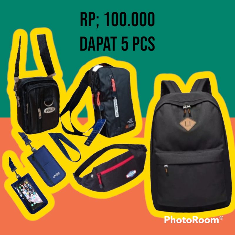 Tas Paketan Dapat 5 pcs grosir tas Ransel/Waistbag/Slingbag/Selempang