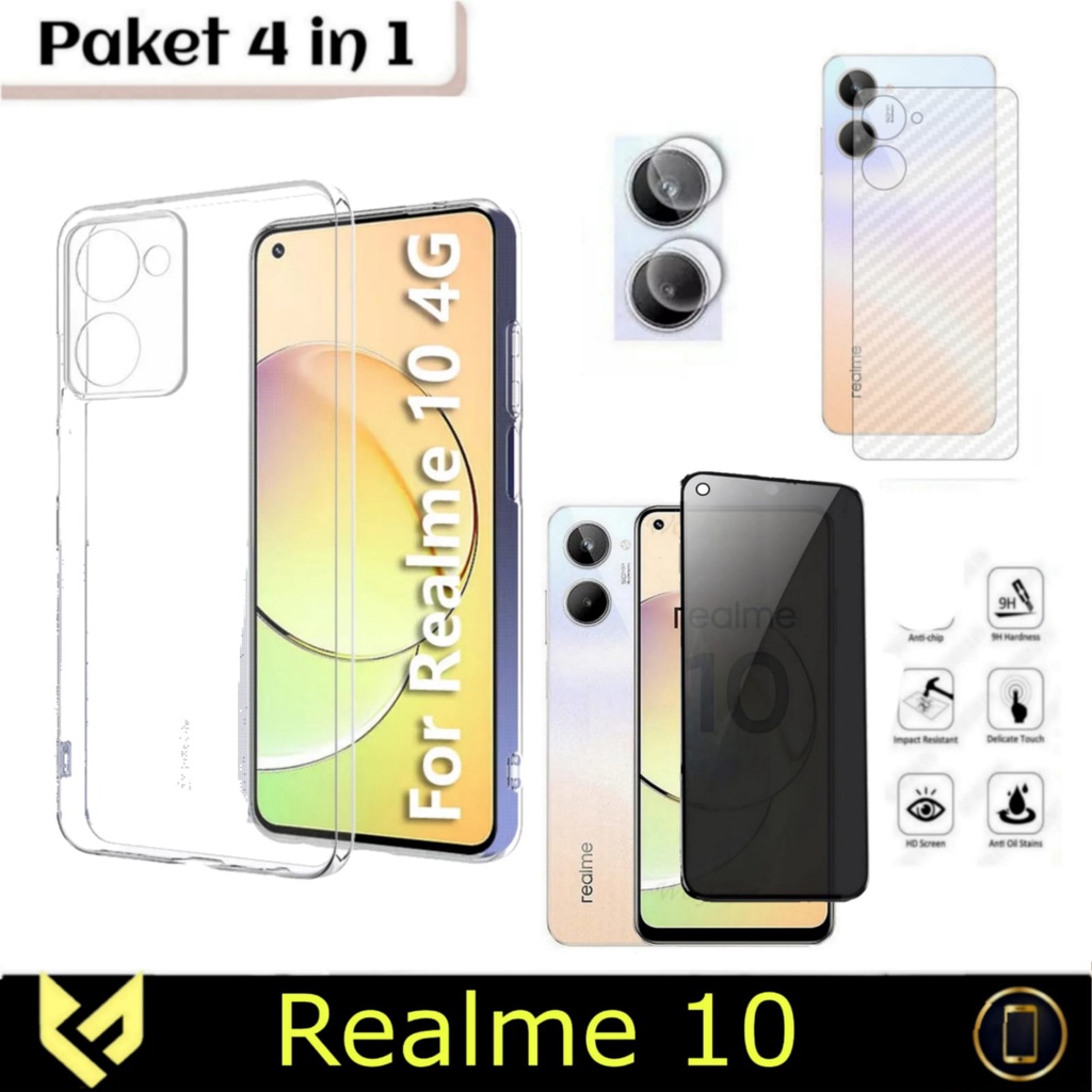 PROMO Paket 4IN1 Softcase For REALME 10 | REALME 10 PRO 5G Case Clear HD Transparant Free Tempered Glass Layar &amp; Tempered Glass Camera &amp; Garskin Carbon Pelindung Anti Jamur Handphone