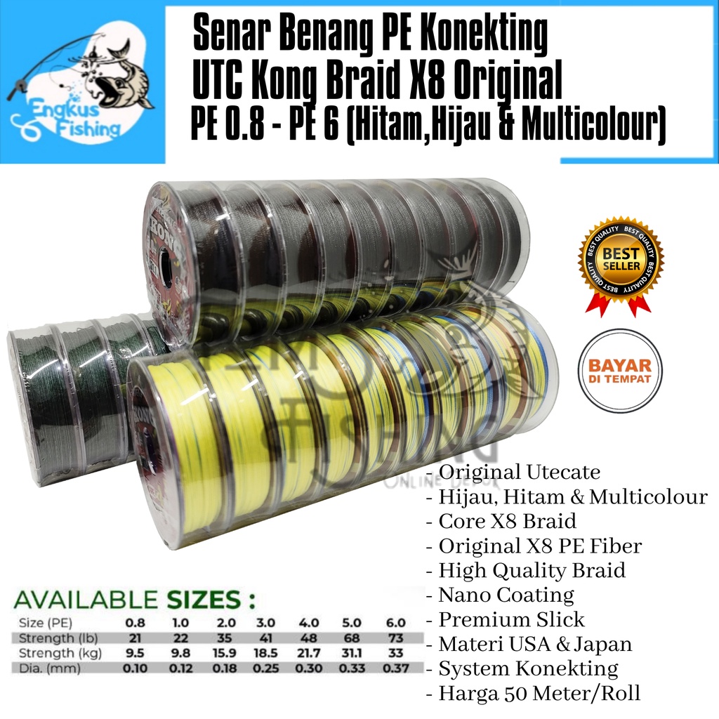 Senar Benang PE UTC Kong Braid X8 Braid (PE 0.8 - PE 6) 50M/Roll Konekting Super Strong - Engkus Fishing