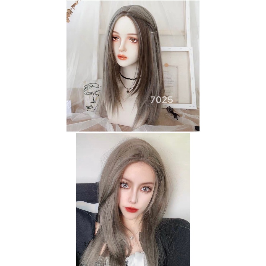 C7025 full wig korean layer straight ash grey 55 cm