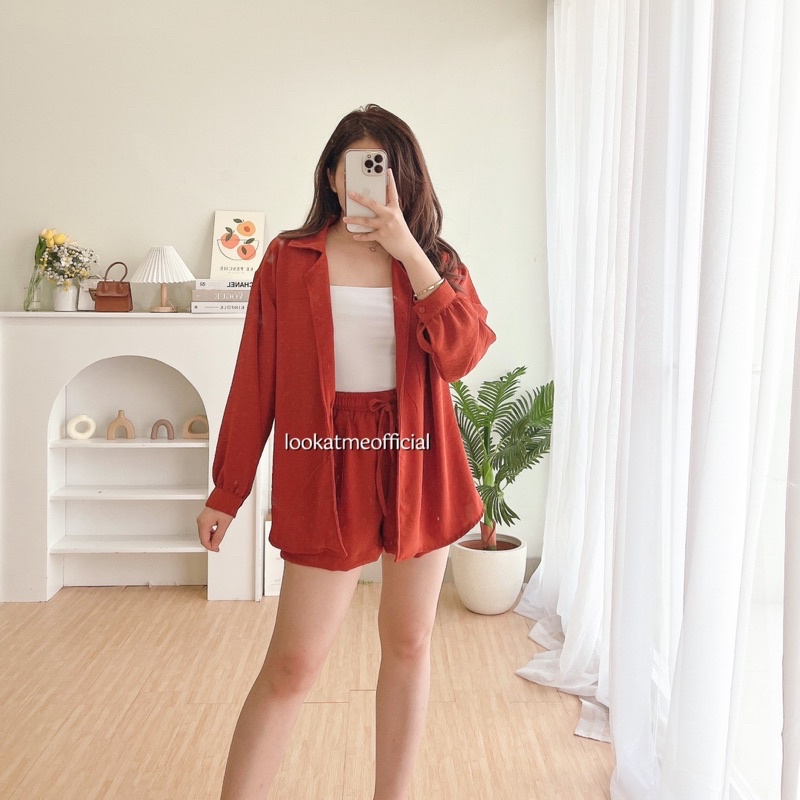 lookatmeofficial • Diory Crinkle Set - Setelan Wanita Kemeja Oversized dan Celana Pendek