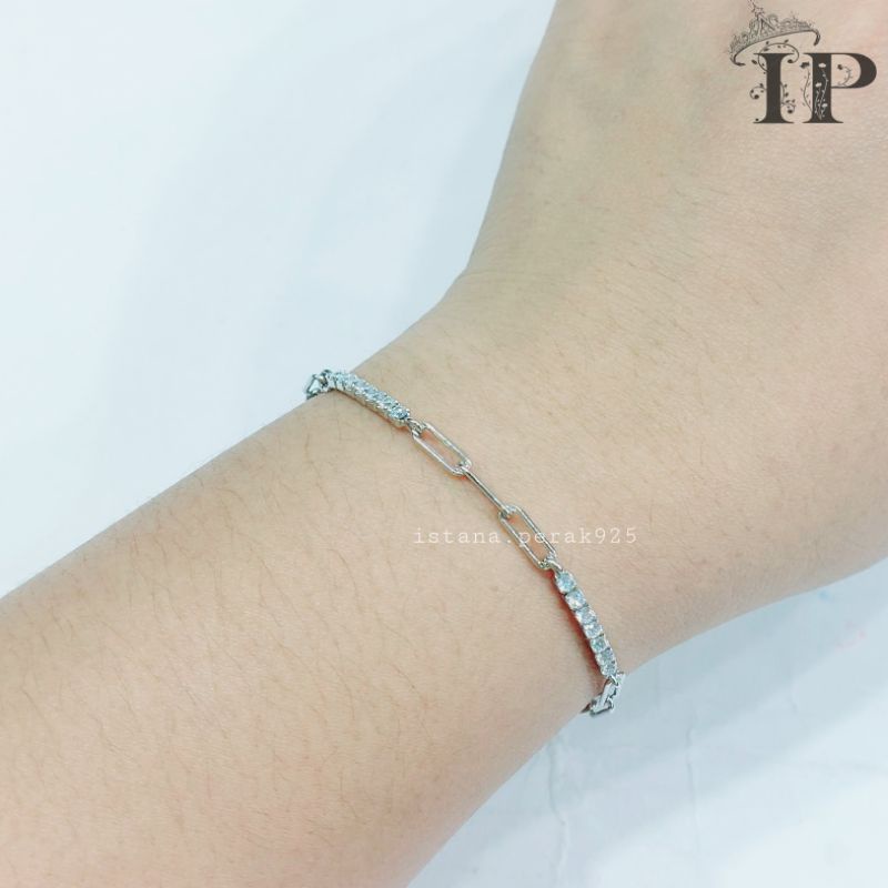 GELANG PERAK ASLI 925 LAPIS EMAS PUTIH SILVER MODEL CATENA/PAPERCLIP PERMATA