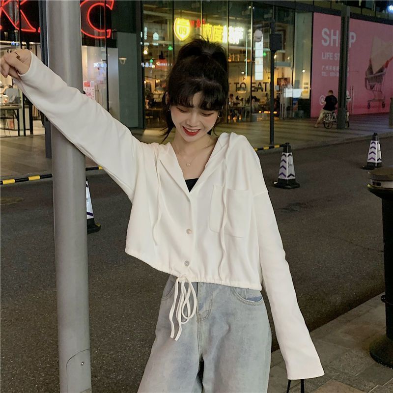 ►❡▧[Pengiriman 24 Jam] Musim Semi dan Musim Gugur Versi Korea Gaya Malas Baru Berkerudung Tali Pendek Bagian Tipis Populer Lengan Panjang T-shirt Sweater Wanita In Top Tide