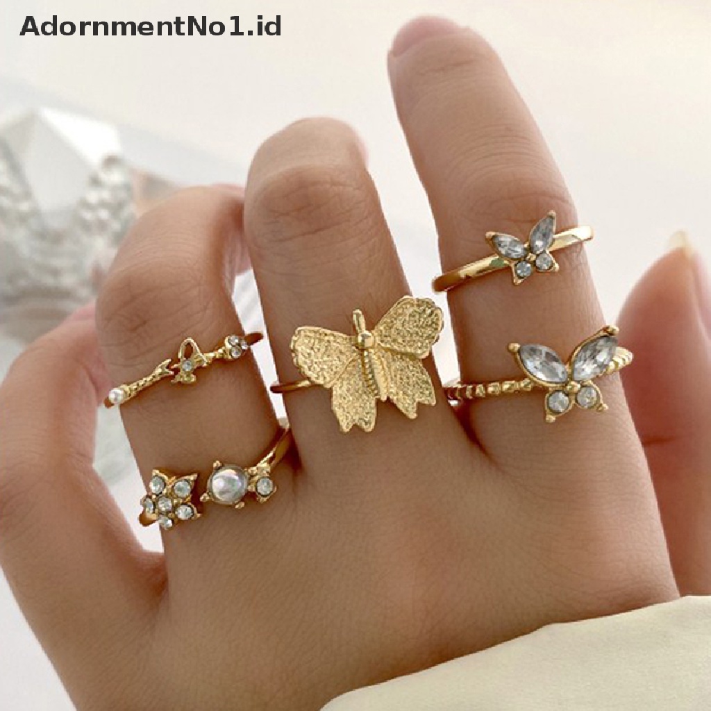 [AdornmentNo1] Punk Cinta Hati Cincin Set Kepribadian Temperamen Zirkon Warna Perak Geometris Rings Untuk Wanita Fashion Goth Jewelry [ID]