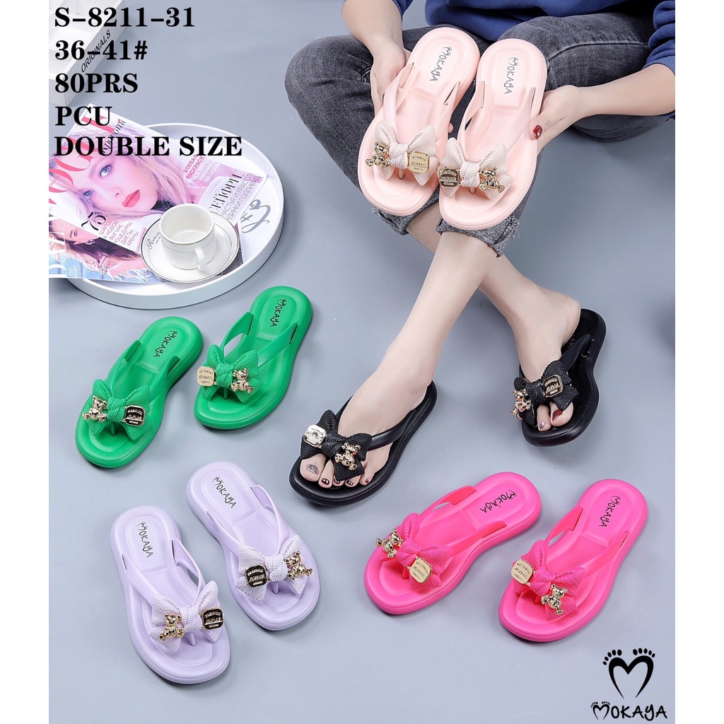 Sandal Jepit Jelly Wanita Motif Pita Besar Permata Bear &amp; Boba Super Empuk Cantik Mewah Trendy Import Mokaya / Size 37-41 (8211-30/8211-31/1303-27)