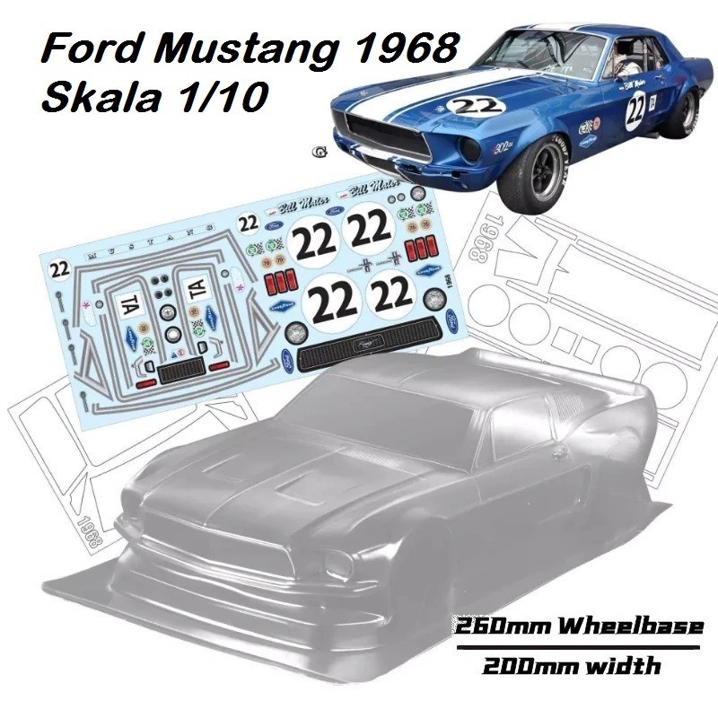 Body Shell Ford Mustang 1968 Pony Pc Clear 1/10 Rc Drift Car HSP MST D5S