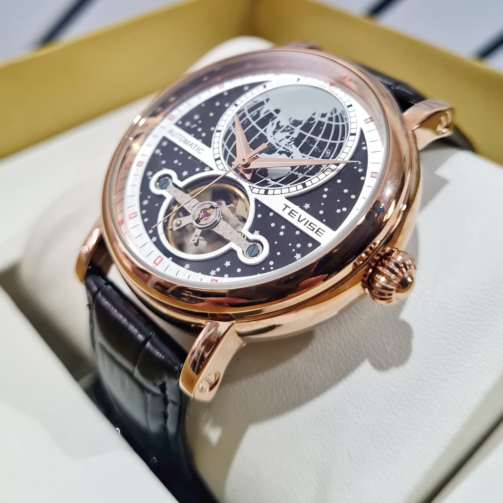 TEVISE Atlas Gold Rose Jam Tangan Pria Original Automatic Otomatis Mechanical Mekanik Skeleton Tourb