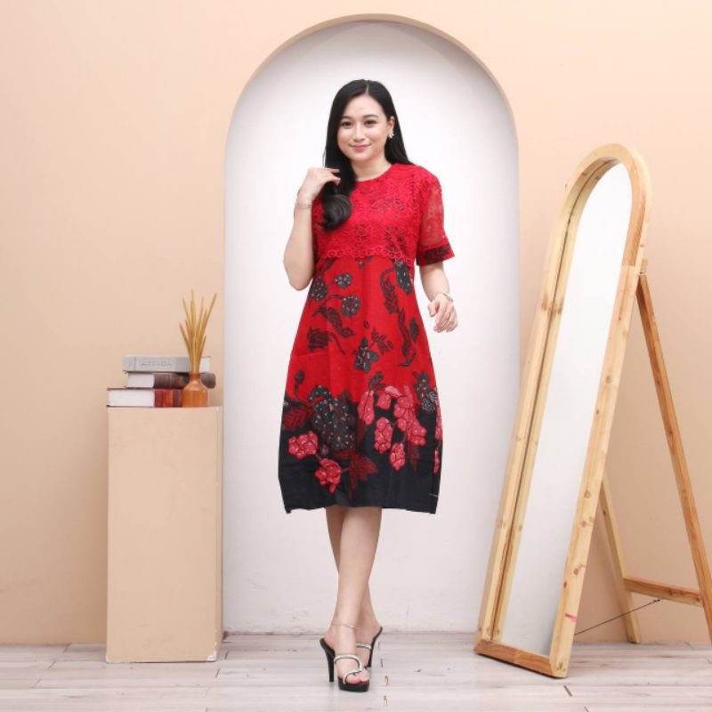 MINI MIDI DRESS BATIK SELUTUT LENGAN PENDEK BRUKAT BROKAT MIX KATUN M L XL DRESS NATAL HIJAU BOTOL N
