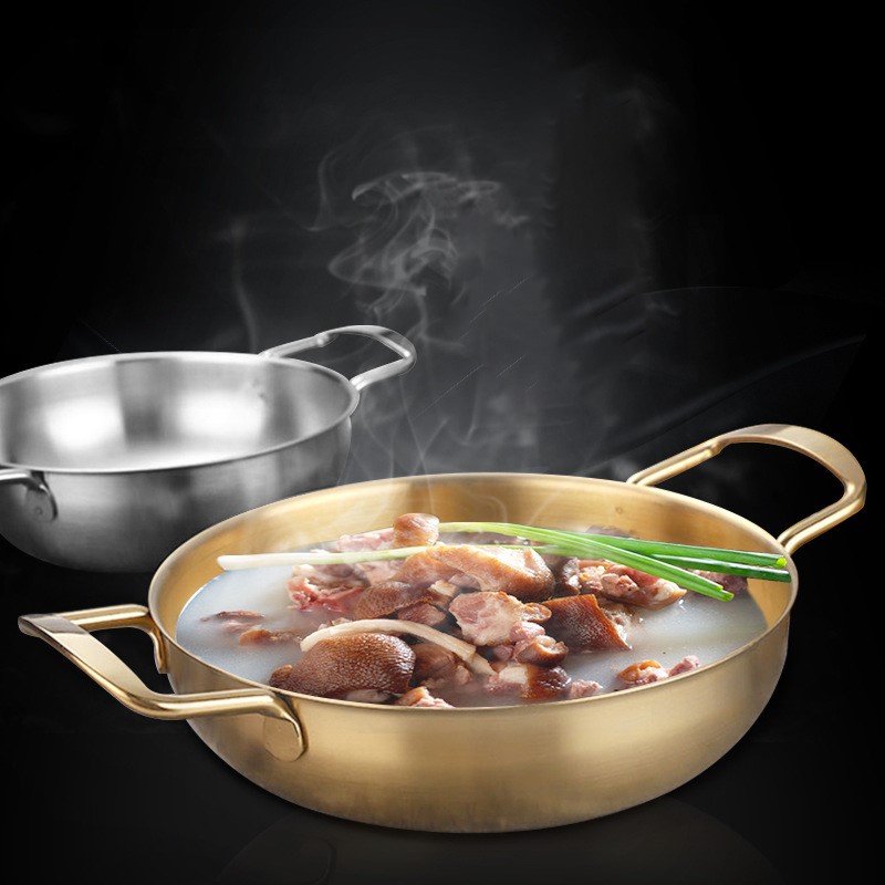 ღ Stainless Steel Makanan Laut Pot Emas Tebal Double Telinga Pan Kering Pot Hotpot Rumah Memasak Paella Pan Piknik Makanan Ringan Piring dapur Memasak Alat