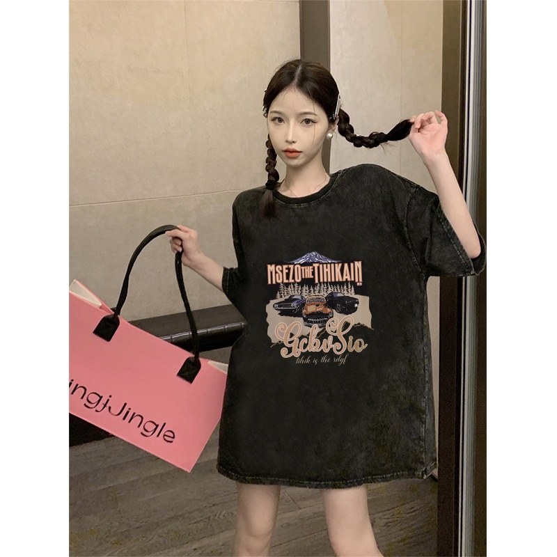 Vintage T-shirt Oversize Hitam Washed Lengan Pendek Car Printing Print T-shirt Hiphop Kaos Hitam