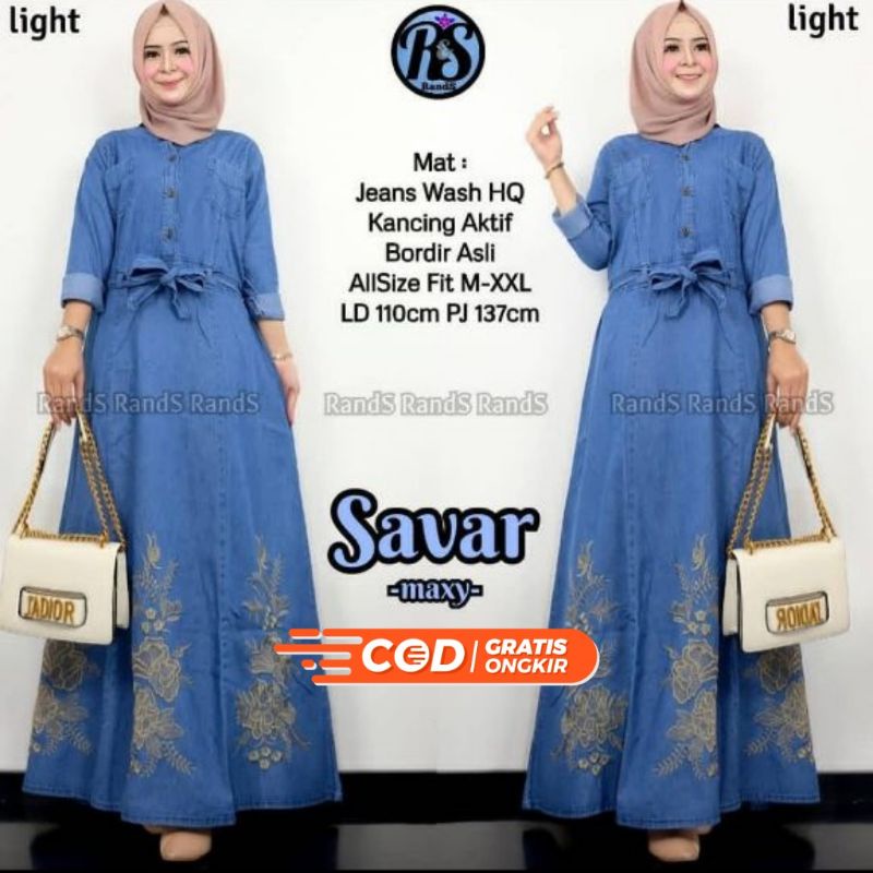 Savar Maxy Jumbo Gamis Wanita Muslim Bordir Bunga Cantik Jeans Washed Maxy Jeans Washed Jumbo Gamis 