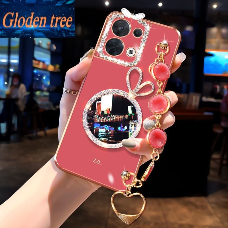 Gloden tree Phone Case Untuk OPPO Reno 2z 3Pro Kelinci vanity mirror Perhiasan Gelang, Bingkai Foto Dengan Berlian