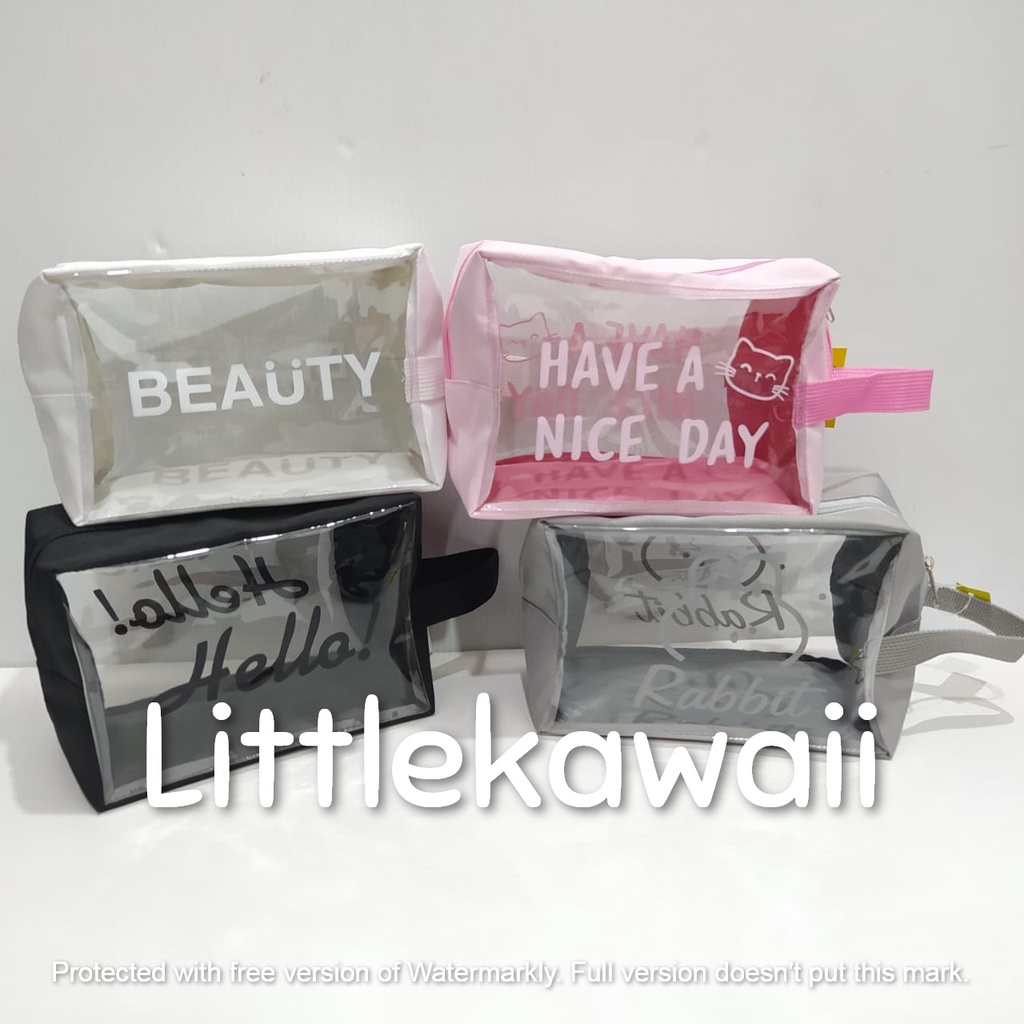 LK/Tas Pouch Mika Transparan Tulisan Quotes Travel Bag Make Up Kosmetik Serbaguna Persegi Kotak Panjang Tenteng Samping Wanita Remaja