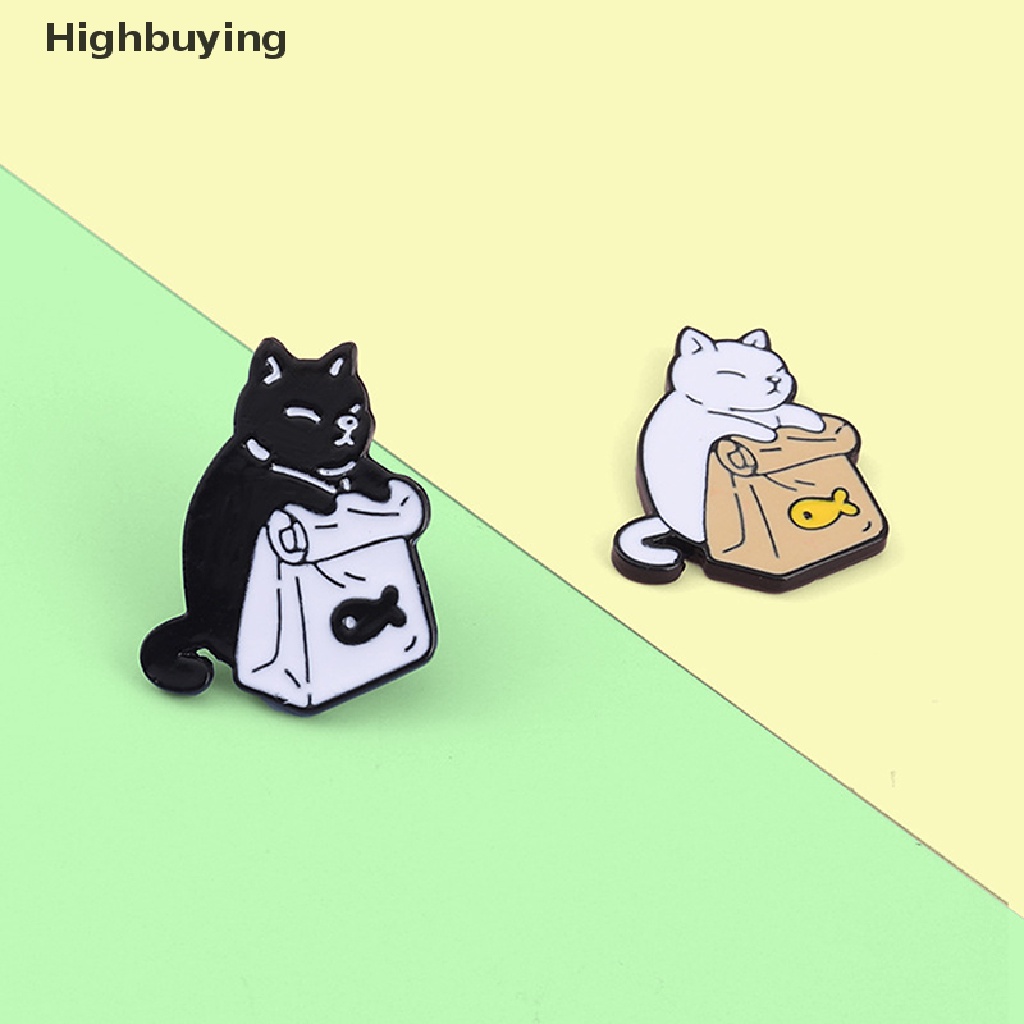 Hbid Pakan Sendiri Enamel Pin Lucu Hitam Putih Kucing Ikan Kering Tas Bros Kerah Badge Glory