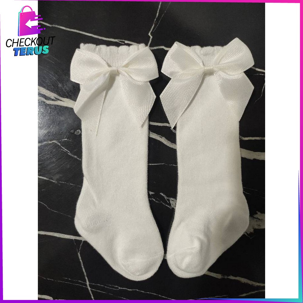 CT P532 Kaos Kaki Bayi Panjang Pita Selutut Anak Perempuan Motif Polos Anti Nyamuk Ribbon Sock Import