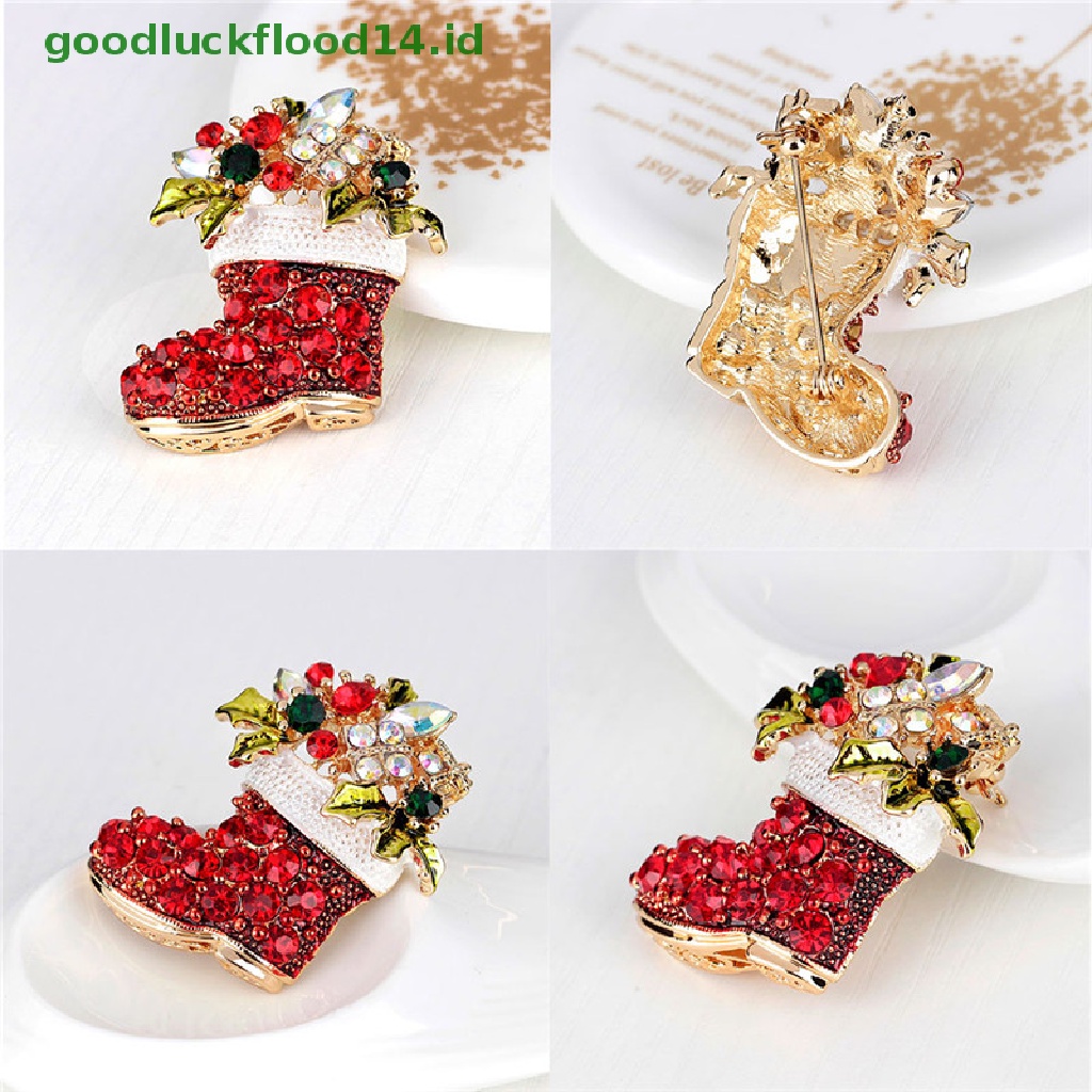 [GOOGFOUR] 1x Baru Berlian Imitasi Kristal Natal Stocking Boot Pin Bros Xmas Hadiah Nada Emas [TOP]