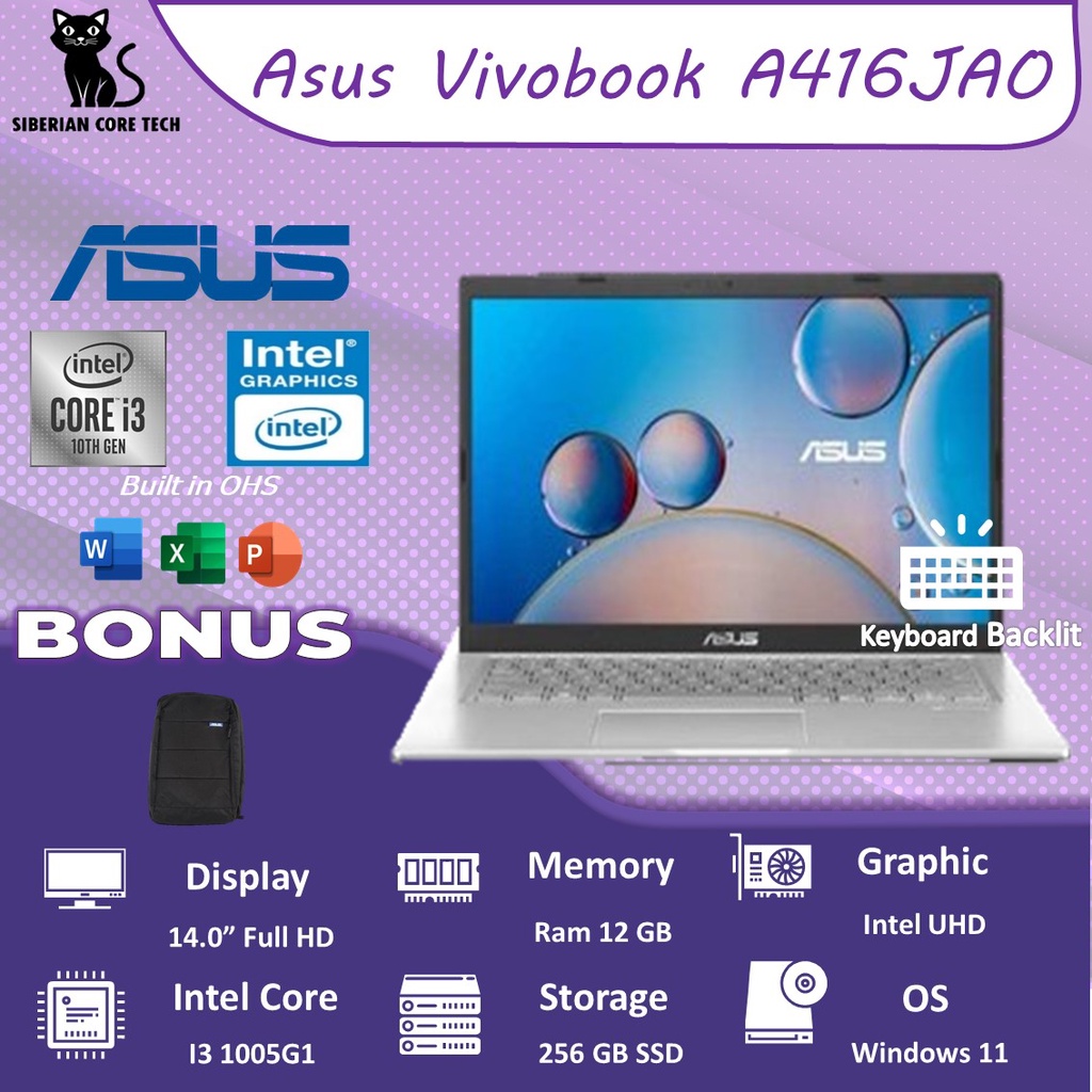 LAPTOP ASUS  VIVOBOOK A416JAO I3 1005G1 16GB 512GB SSD W11+OHS 14.0FHD BLIT