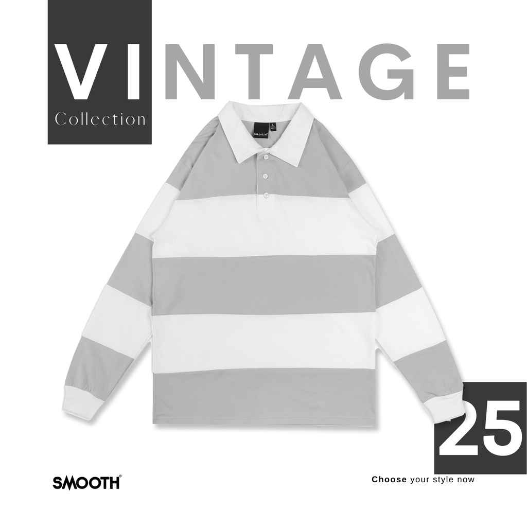 SMOOTH BASIC Vintage Rugby Polo Shirt - Grey White Grey
