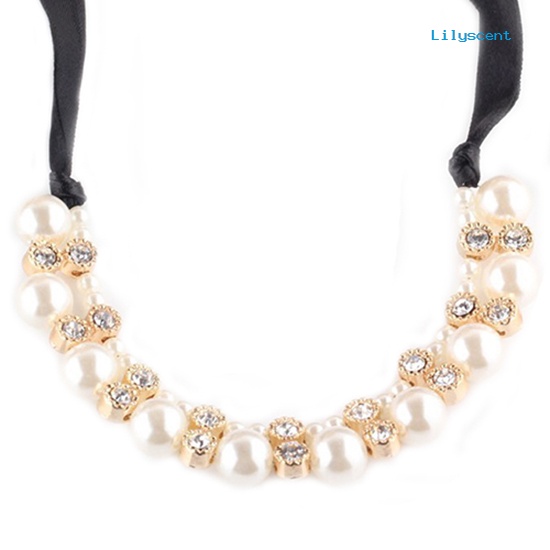 Ls Wanita Fashion Baris Ganda Mutiara Imitasi Adjustable Pita Rantai Choker Kalung