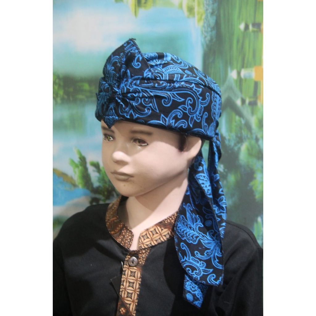 blangkon iket kepala sunda jawa tradisional anak &amp; dewasa atas tutup batik (Biru)