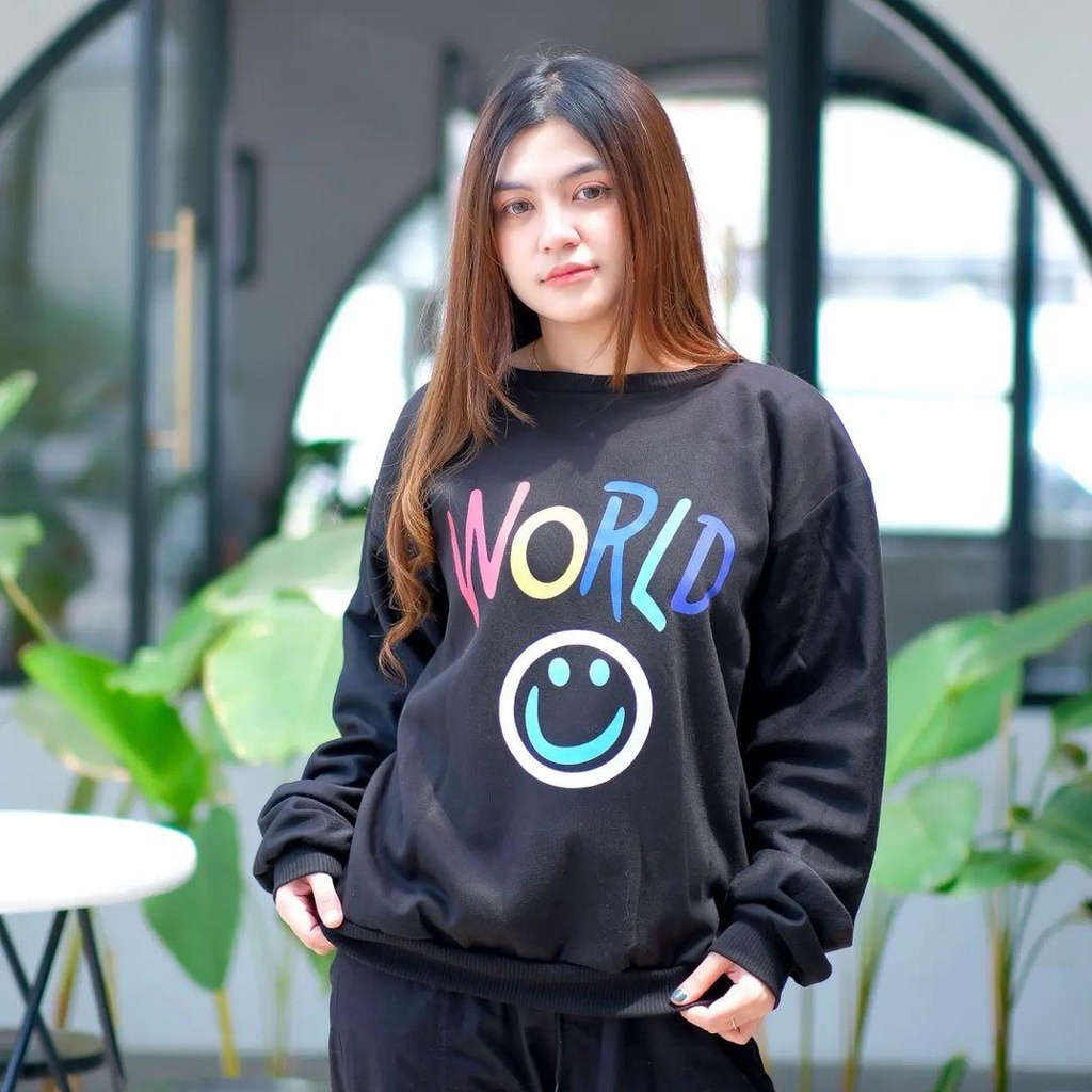 Sweater Crewneck Basic WORLD SMILE bisa untuk pria/wanita