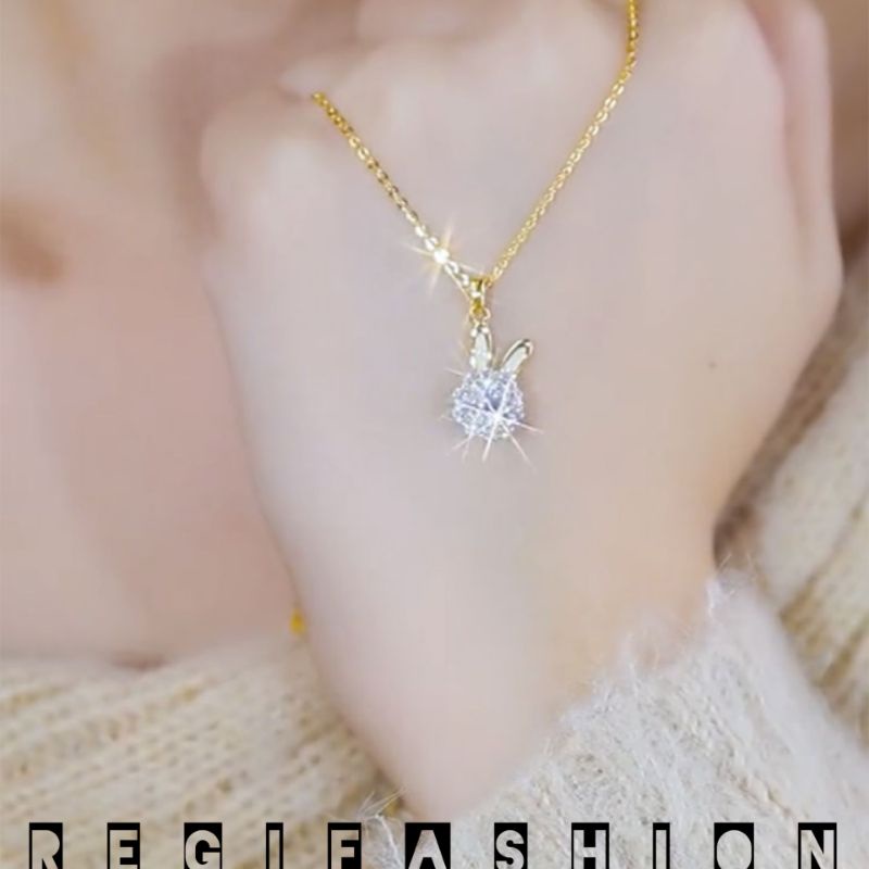 { Bayar Ditempat } Kalung Titanium Wanita Emas 18K Liontin Kelinci Permata Cristal Bisa Berputar Kalung Wanita Korea Model Kekinian Anti Karat Tidak Luntur