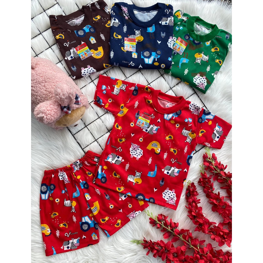 stelan baju bayi laki laki perempuan lucu murah motif JUNGLE ANIMAL PENDEK 1-2 TAHUN