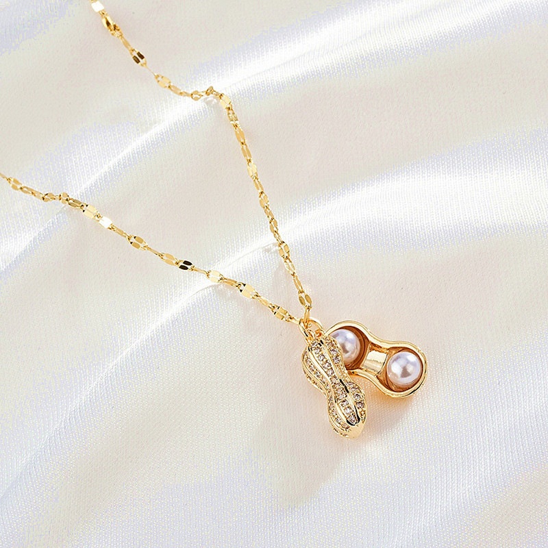 [ Bayar Ditempat ] Kalung Wanita Titanium Rantai Rose Gold Liontin Kacang / Accesoies Wanita Kalung Titanium Anti Luntur / Kalung Rantai Wanita Liontin Kacang