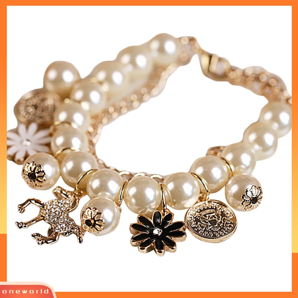 {oneworld} Horse Flower Charm Wanita Gelang Mutiara Imitasi Pesta Bangle Hadiah Fashion Perhiasan