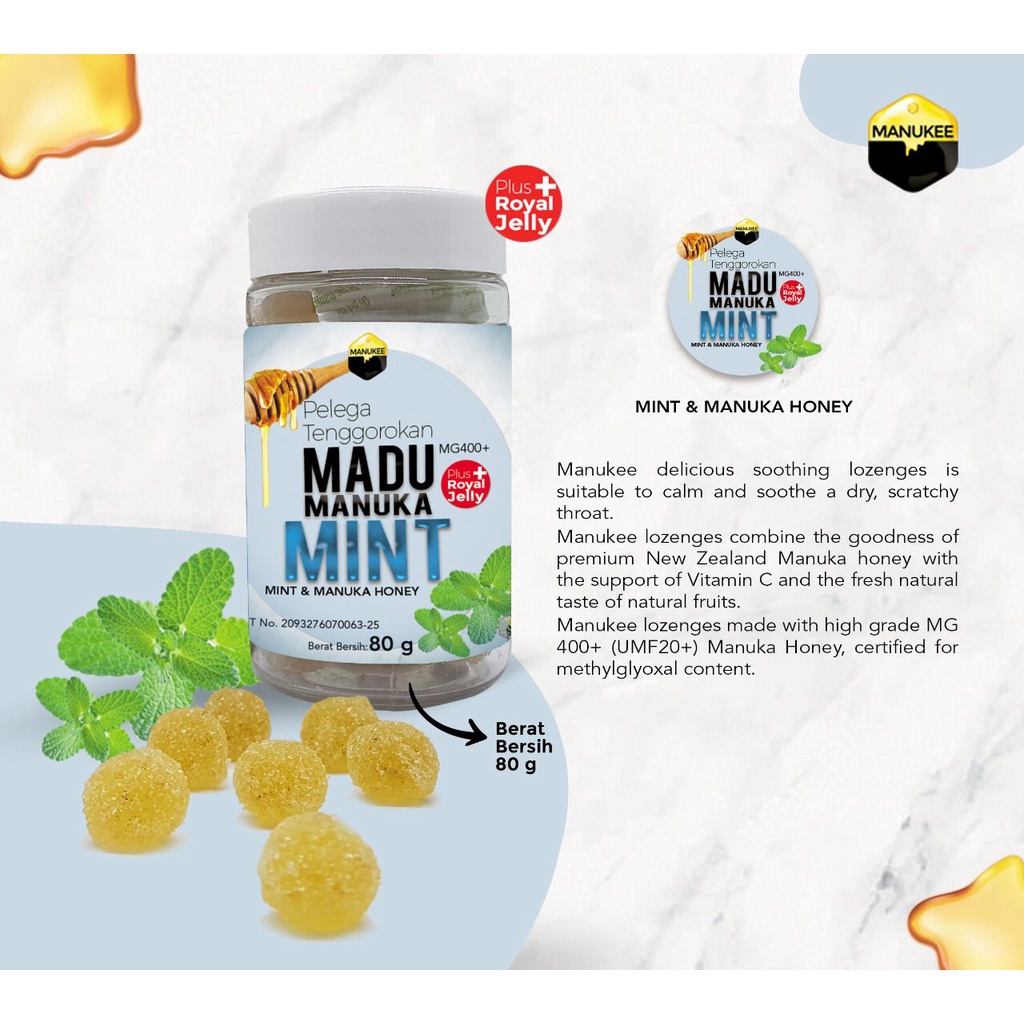 

Pelega Tenggorokan MINT Madu Manuka MG400+ plus Royal Jelly