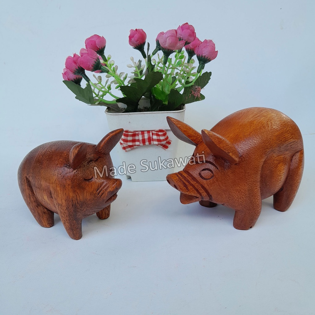 Kerajinan patung kayu Babi pig mini handmade hiasan Bali