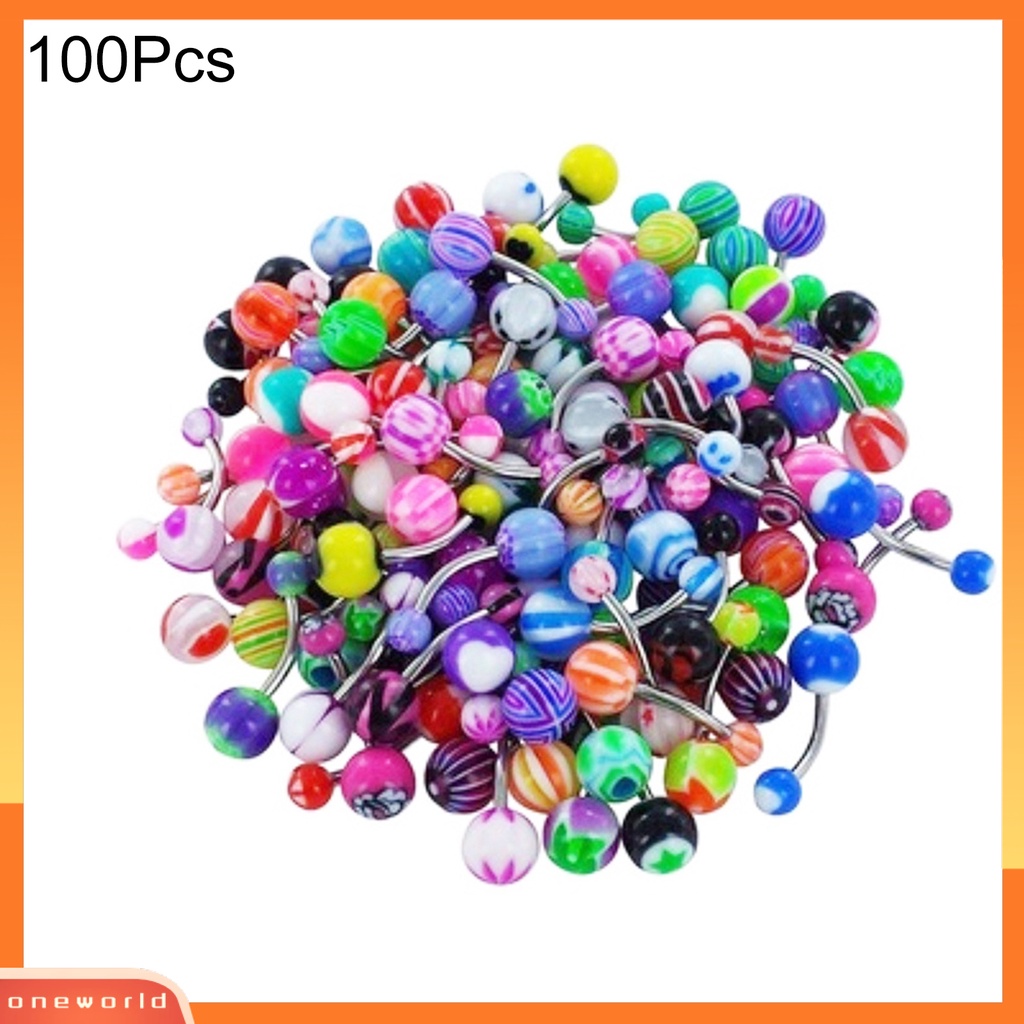 [oneworld] 100 Pcs Warna Campur Bola Pusar Pusar Pusar Cincin Barbel Perhiasan Tindik Tubuh