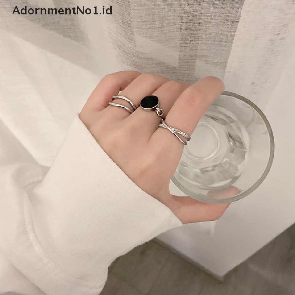 [AdornmentNo1] Fashion Oval Berbentuk Hitam Drop Glaze Warna Perak Cincin Terbuka Temperamen Ganda Perhiasan Hadiah Untuk Wanita [ID]