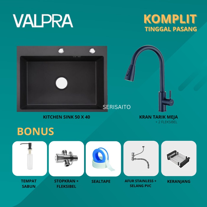 :=:=:=:=] Paket Kitchen Sink Valpra Black 5040 + Keran Kran Air Dapur Hitam