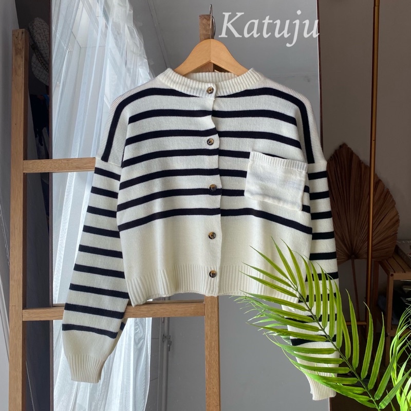 CARDIGAN RAJUT KOREAN STYLE MODEL CROP MOTIF GARIS LOLY