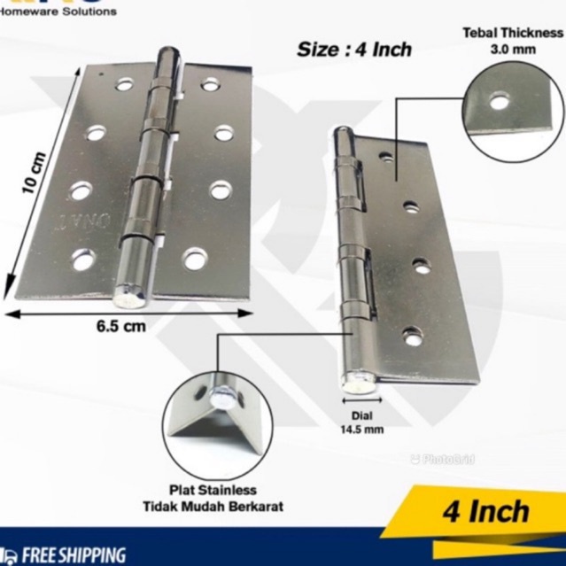 Engsel 4 Inch Top Kodai Stainless Steel/ engsel 4cinc sus 304 asli/ engsel pintu 4 inch stainless tebal engsel 4 inc sus 304/ sale engsel  inc stanlis sus 304 engsel pintu tebal stanlis sus 304 anti karat engsel kunci Promo Engsel 4 Inc Stainless Sus 304