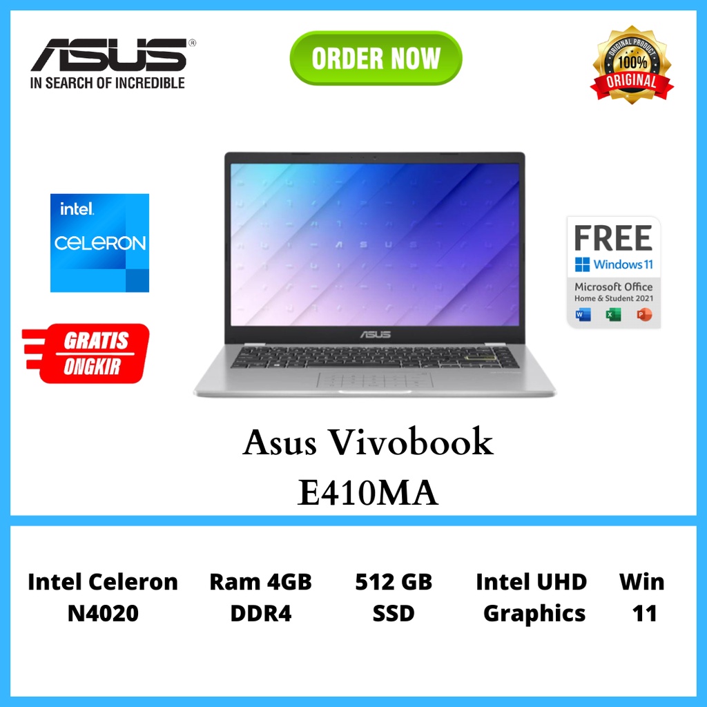 Jual New Asus Vivobook E410ma Intel Celeron N4020 Ram 4gb Ssd 512gb Win 11 Ohs Garansi 2 3557