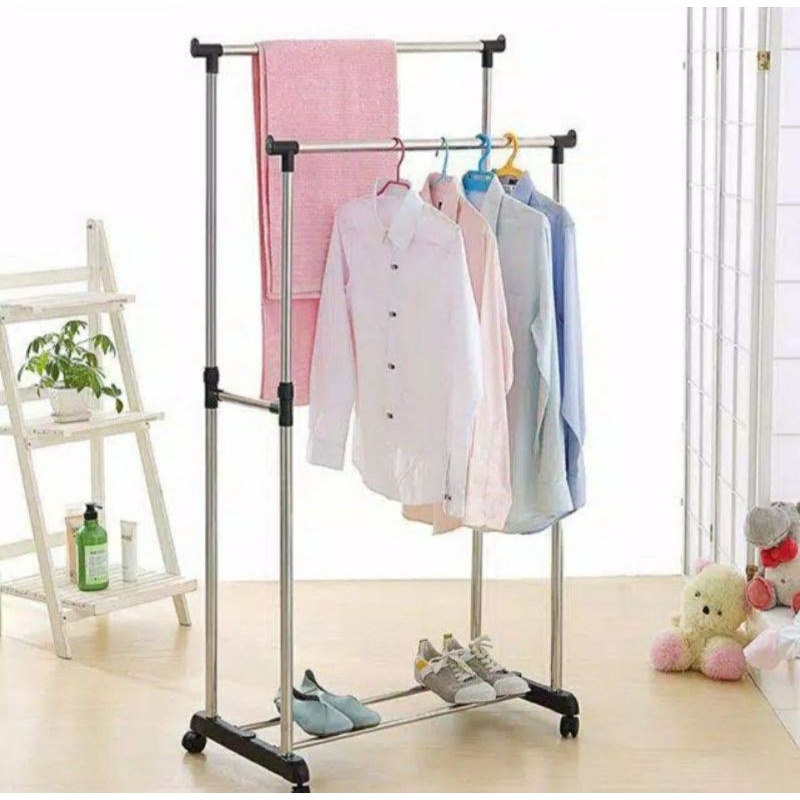 Stand Hanger Double Pole Gantungan Baju Berdiri Standing Pole Rack Handuk + Roda