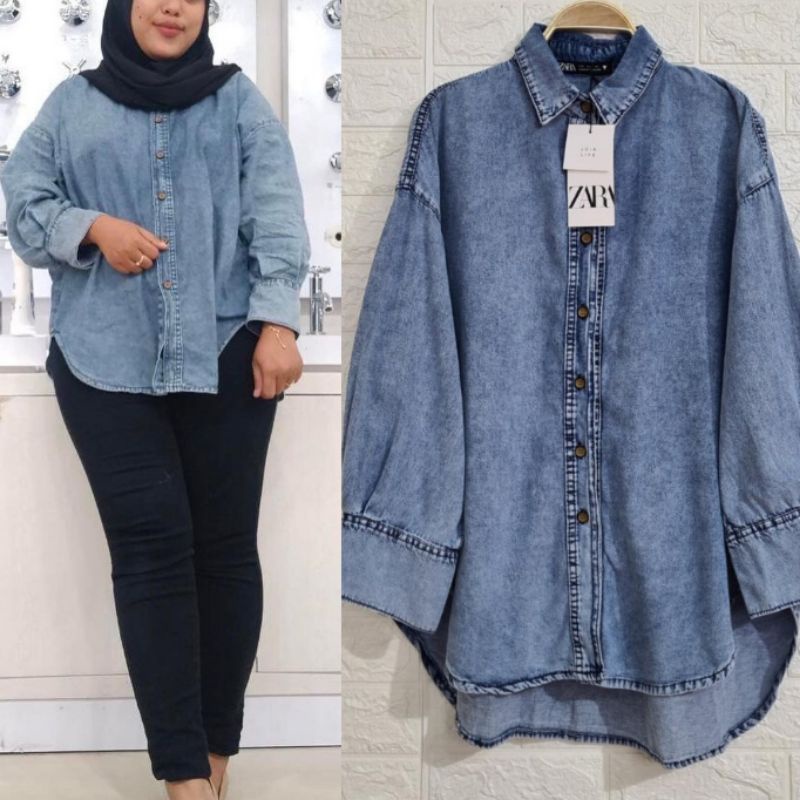 kemeja denim wanita jumbo atasan jeans zara