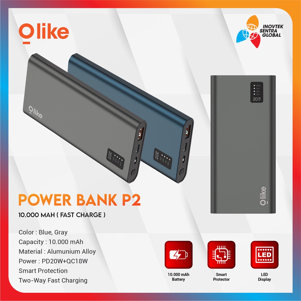 OLIKE P2 Power Bank 10000mAh Fast Charging LED Display GARANSI RESMI